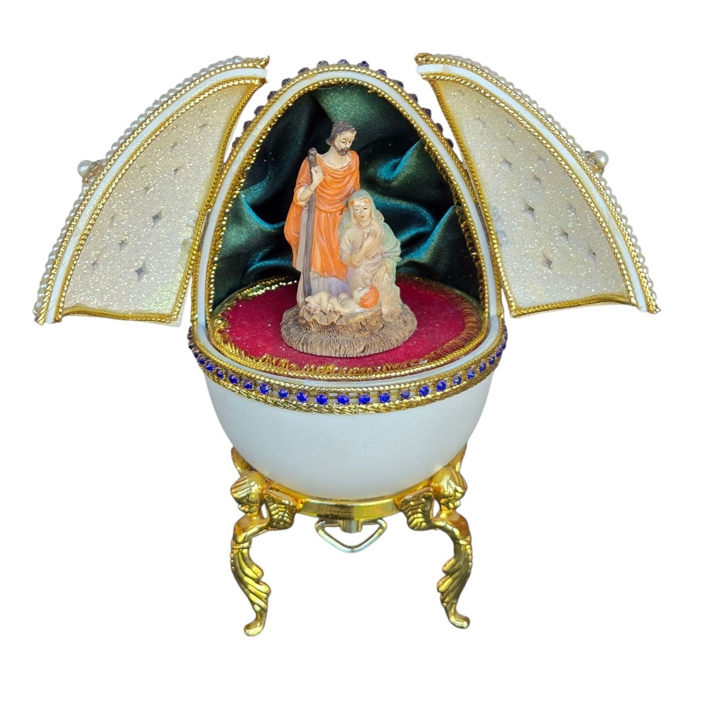 Vintage Faberge Egg Nativity Scene Music Box Silent Night Hinged Doors 5"